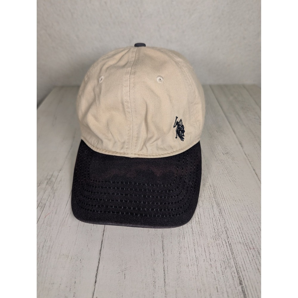 US Polo Assn Hat Cream Navy Cotton USA Flag Buckle Strapback Mens 2010s